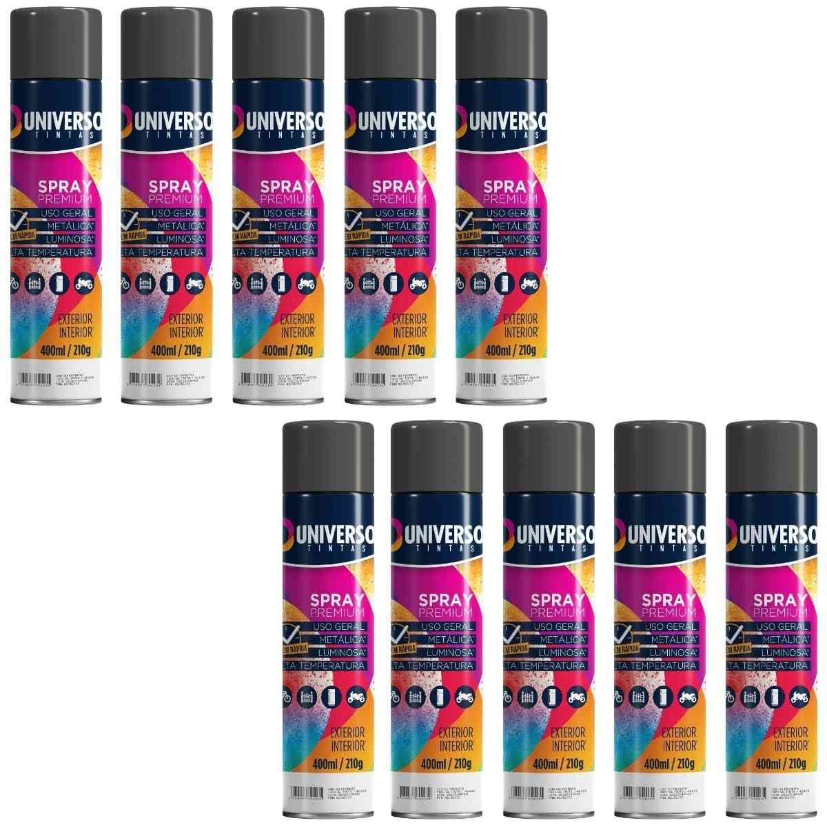 Kit 10x Tinta Spray Preto Brilhante 400ml - Uso Geral em Aço, Ferro, Couro, Gesso e Cerâmica | Universo