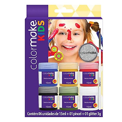 Tinta Facial Kids 6 Cores + Pincel e Glitter Colormake 1002