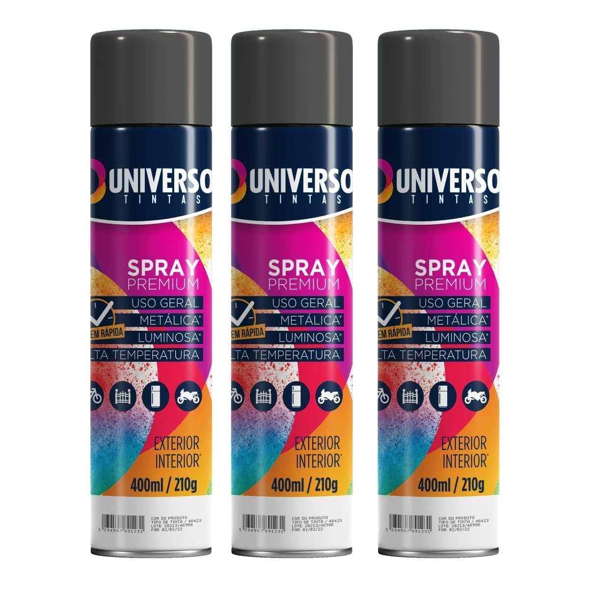 Tinta Spray 400ml Preto Fosco Uso Geral em Aço Ferro Couro Gesso Cerâmica | Universo | Kit 03 un