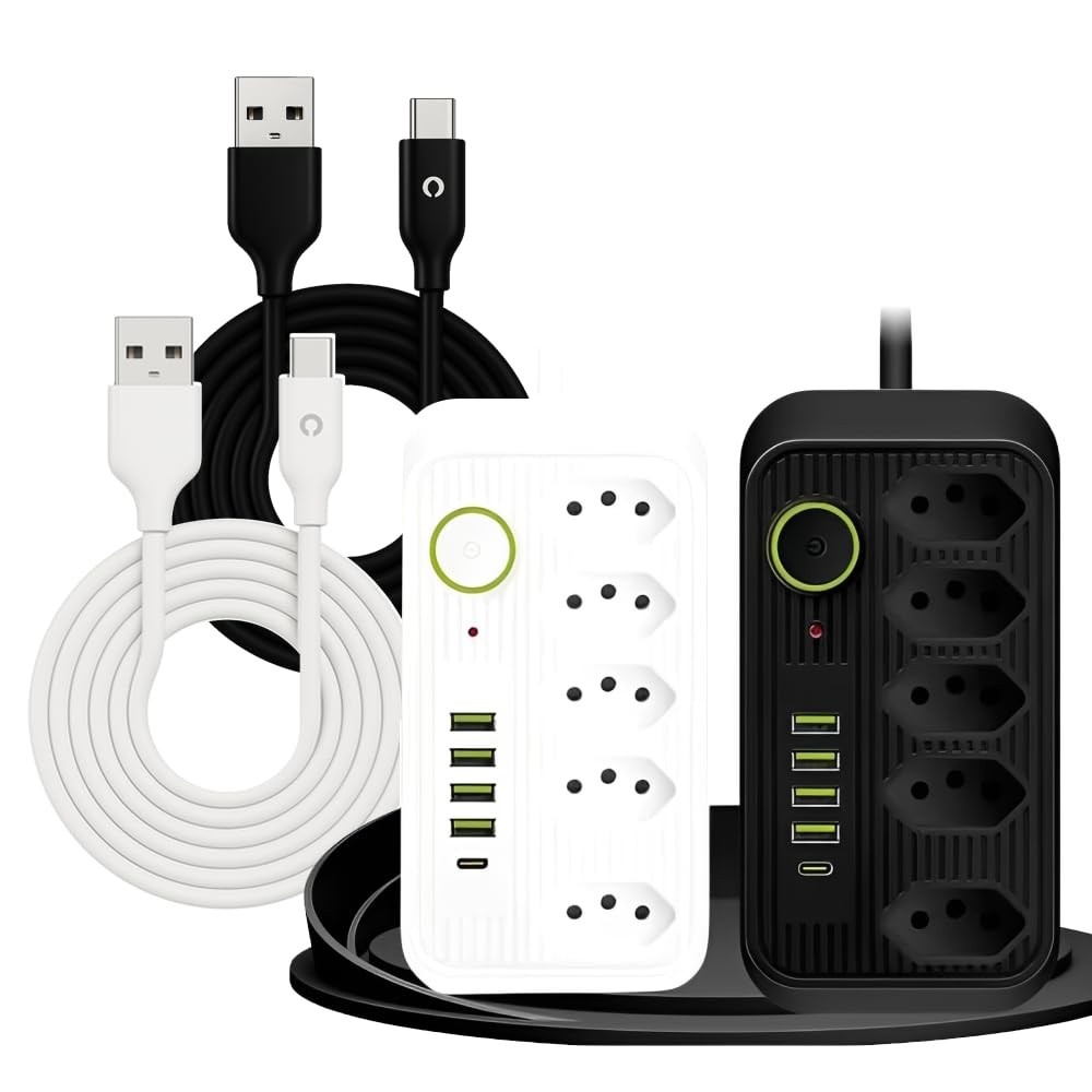 Tomada Inteligente Premium: 5 Tomadas, 4 USB, 1 USB-C + 2 Cabos Tipo-C (Branca)