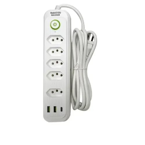 Filtro de Linha Extensão E103U: 5 Tomadas, 2 USB e 1 Tipo-C para Máxima Conexão!