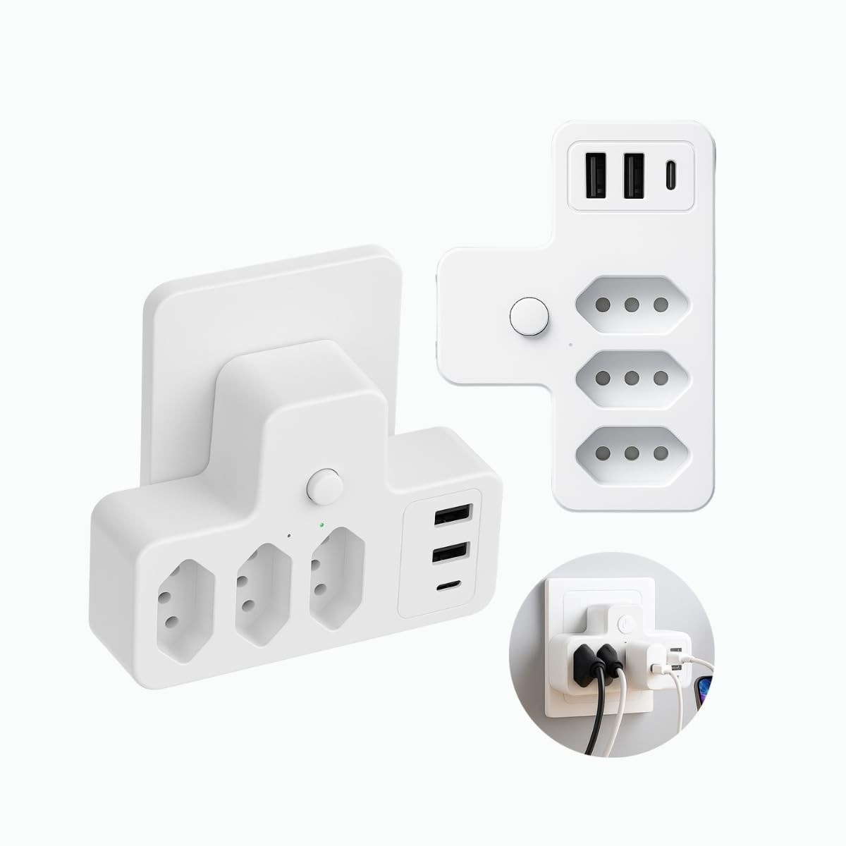 Adaptador Múltiplo Tomada com 3 Entradas e 2 USB-A + 1 USB-C | Régua de Energia Inteligente