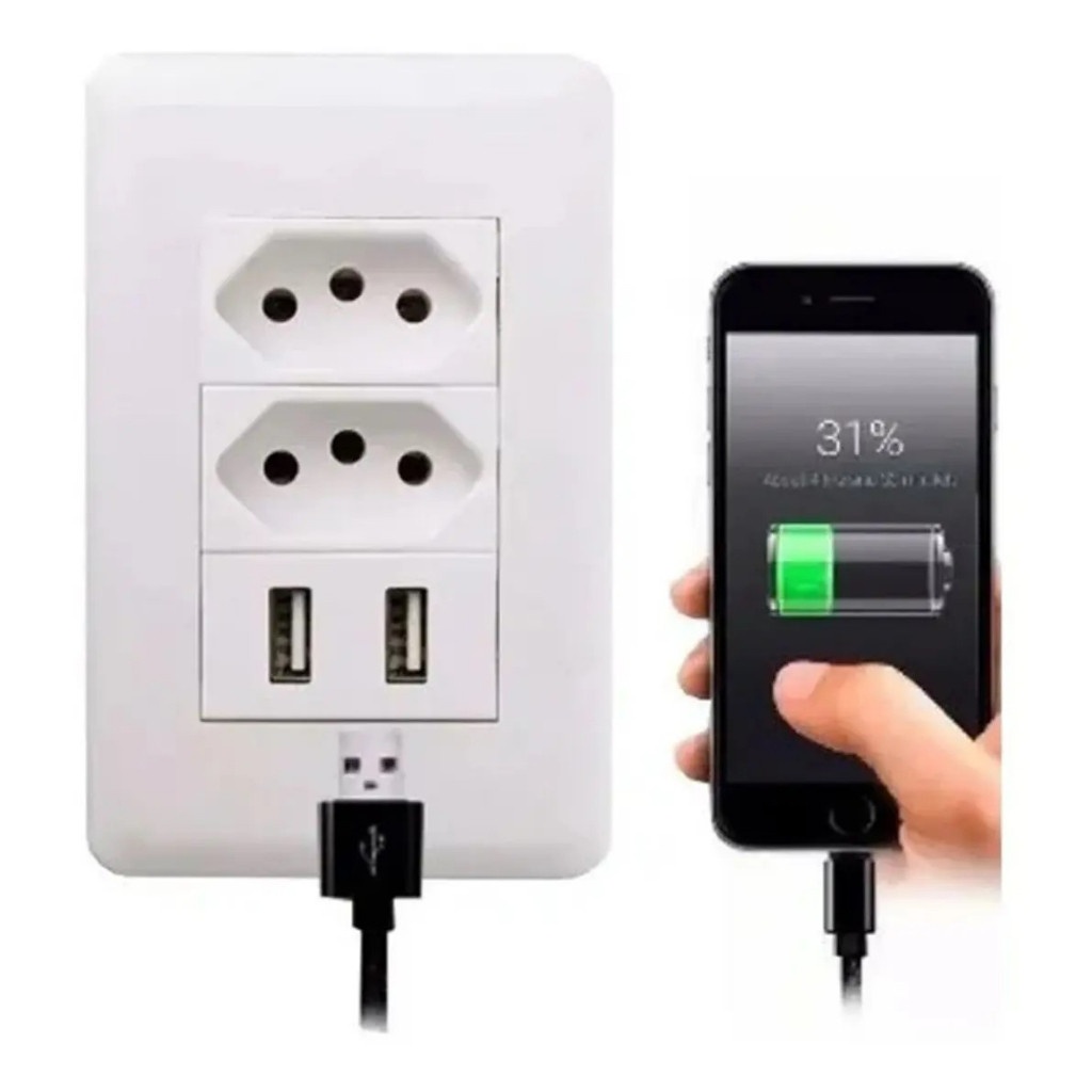 Tomada USB Bivolt com 2 Portas de Carregamento Universal