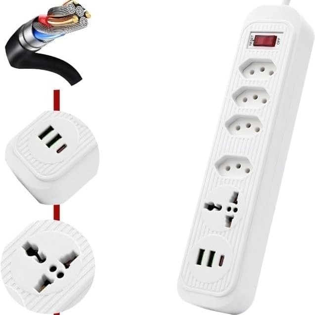 Filtro de Linha 7 em 1: 4 Tomadas + 3 USB (Tipo-C), Extensão Elétrica Bivolt 2500W com Cabo 2m e Interruptor - Branco