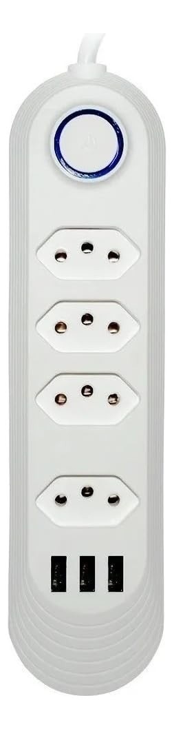 Régua de Energia Premium: 4 Tomadas + 3 USB-A, Carregamento Inteligente, 2m, Bivolt 2500W (Branco)