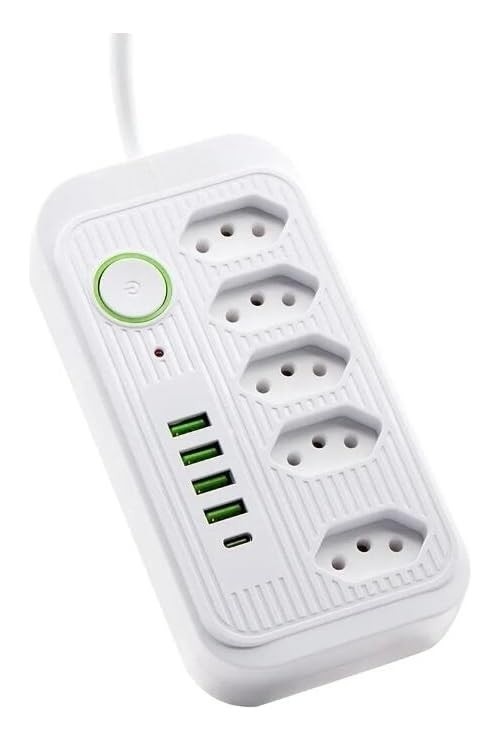 Régua de Energia Bivolt com 5 Tomadas, 4 USB e 1 USB-C: Segurança e Conexão Total!