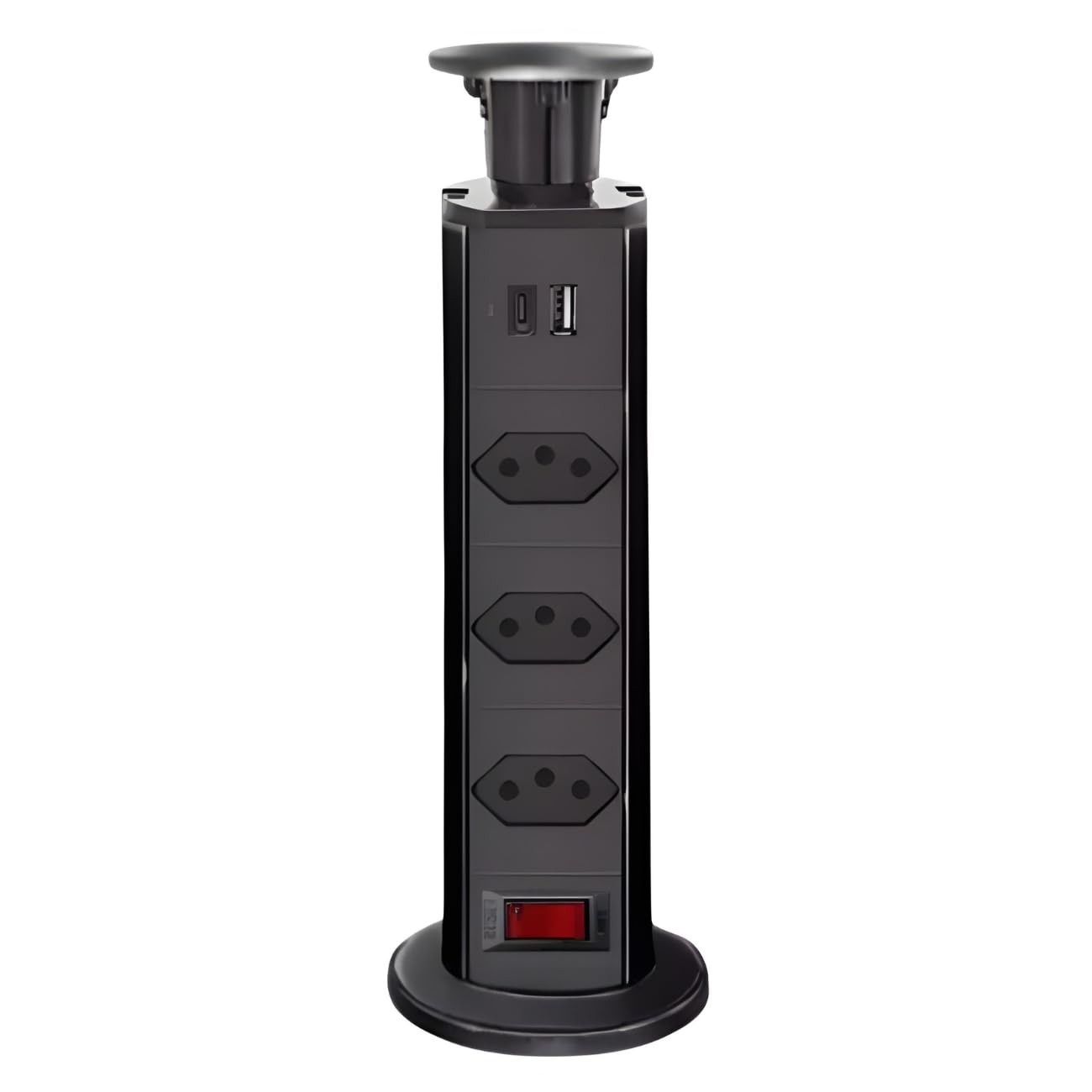 Torre de Tomadas Retrátil Premium: 3 Tomadas + USB-C + USB para Bancada Bivolt (Preto)