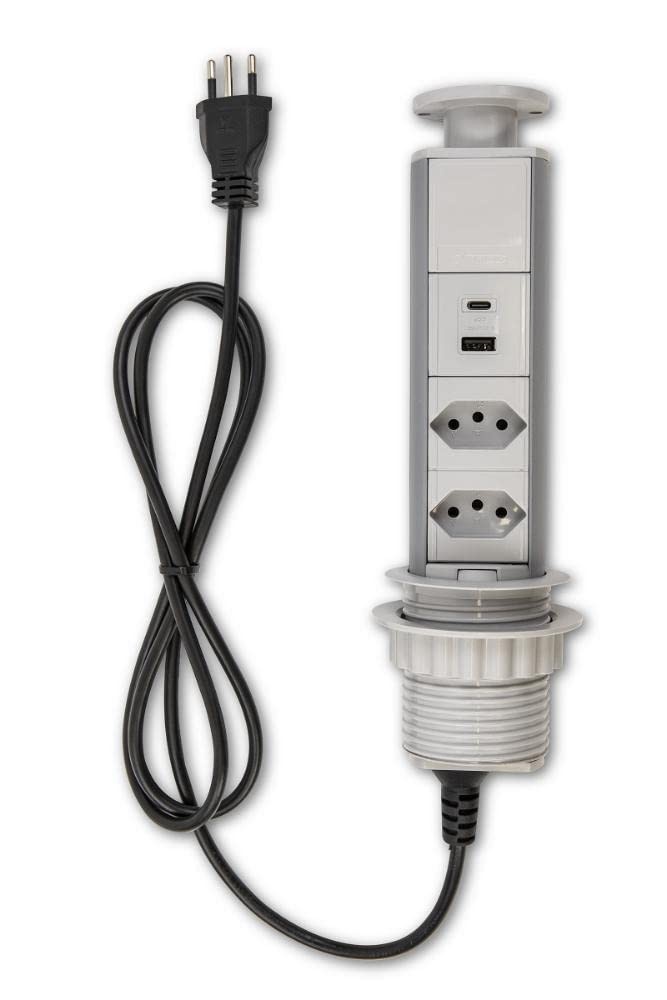 Torre de Tomada Inteligente Cinza: USB-C, USB-A Turbo e 2 Tomadas 20A