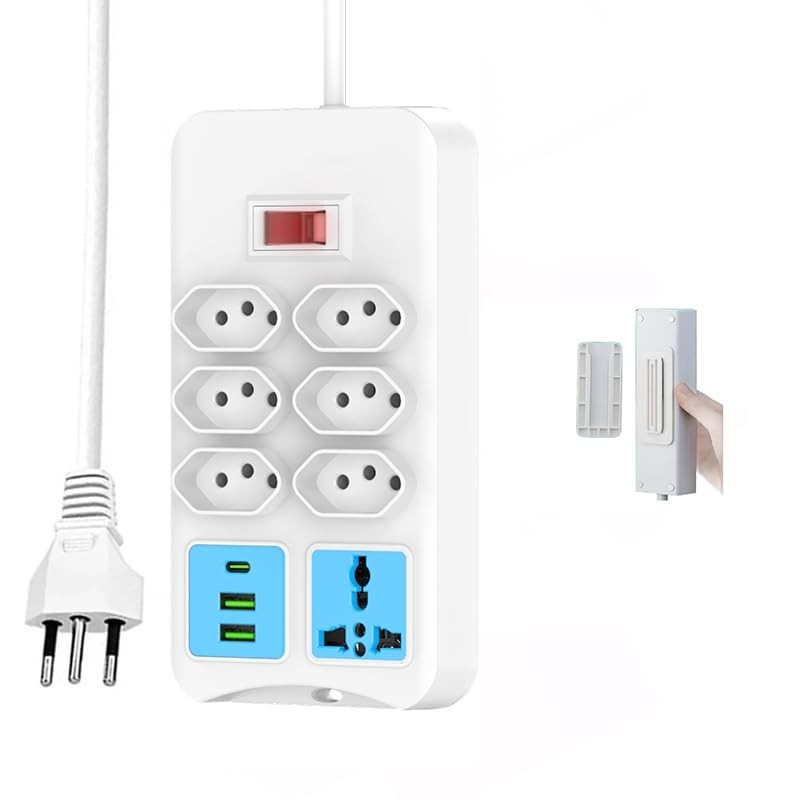 Régua de Tomada 6 Tomadas Universais + 2 USB + 1 USB-C 2m Branco - Bivolt Automático