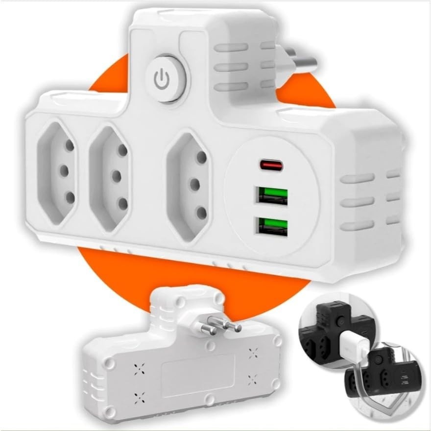 Extensão Universal Portátil 3 Tomadas + 2 USB + 1 Tipo-C: Carregue Tudo em Qualquer Lugar!