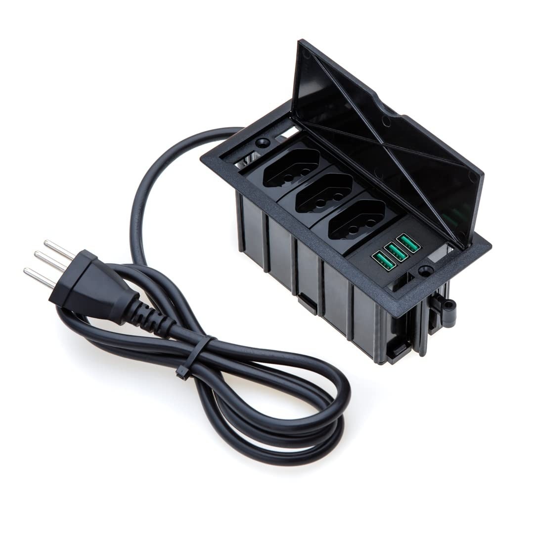 Caixa de Tomada 4 Blocos: 3 Tomadas 10A + 3 USB 5.2A - Carregamento Rápido e Organização Total