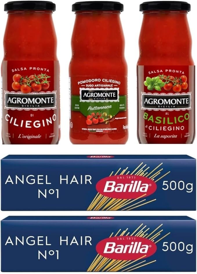 Kit 3 molhos Italianos (Sicilia) - AGROMONTE 100% Tomate CEREJA: Basilico, Puttanesca, Ciliegino 360g + 2 Macarrão N.1 ANGEL HAIR BARILLA 500g