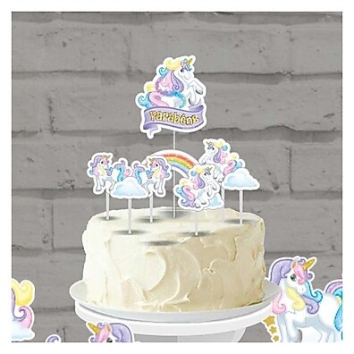 Topo de Bolo Unicórnio com 8 Toppers - Decoração Mágica para Festa Infantil