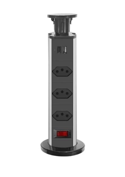 Torre de Tomada Retrátil: Sua Mesa Organizada com 3 Tomadas, USB e USB-C