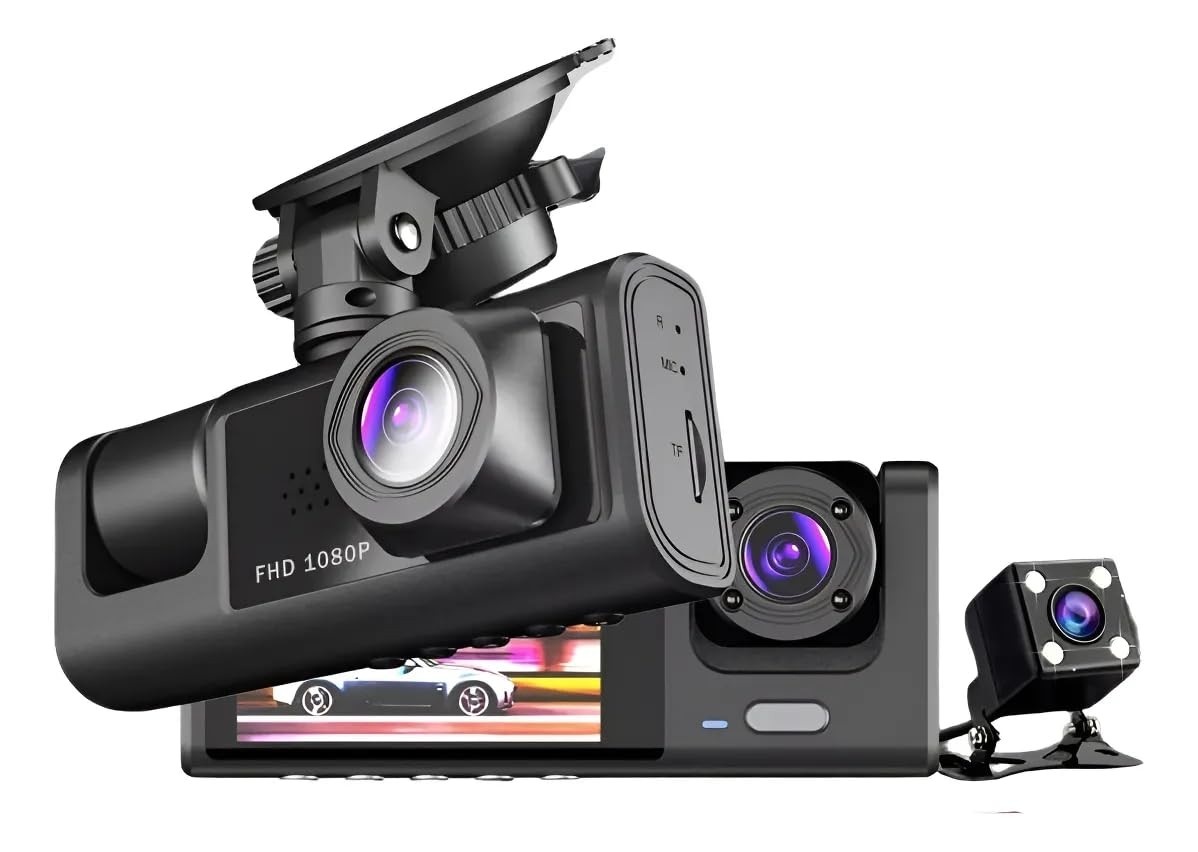 Câmera Veicular Tripla 3 Lentes Full HD 1080p: Segurança Total com Visão Noturna e Tela LCD