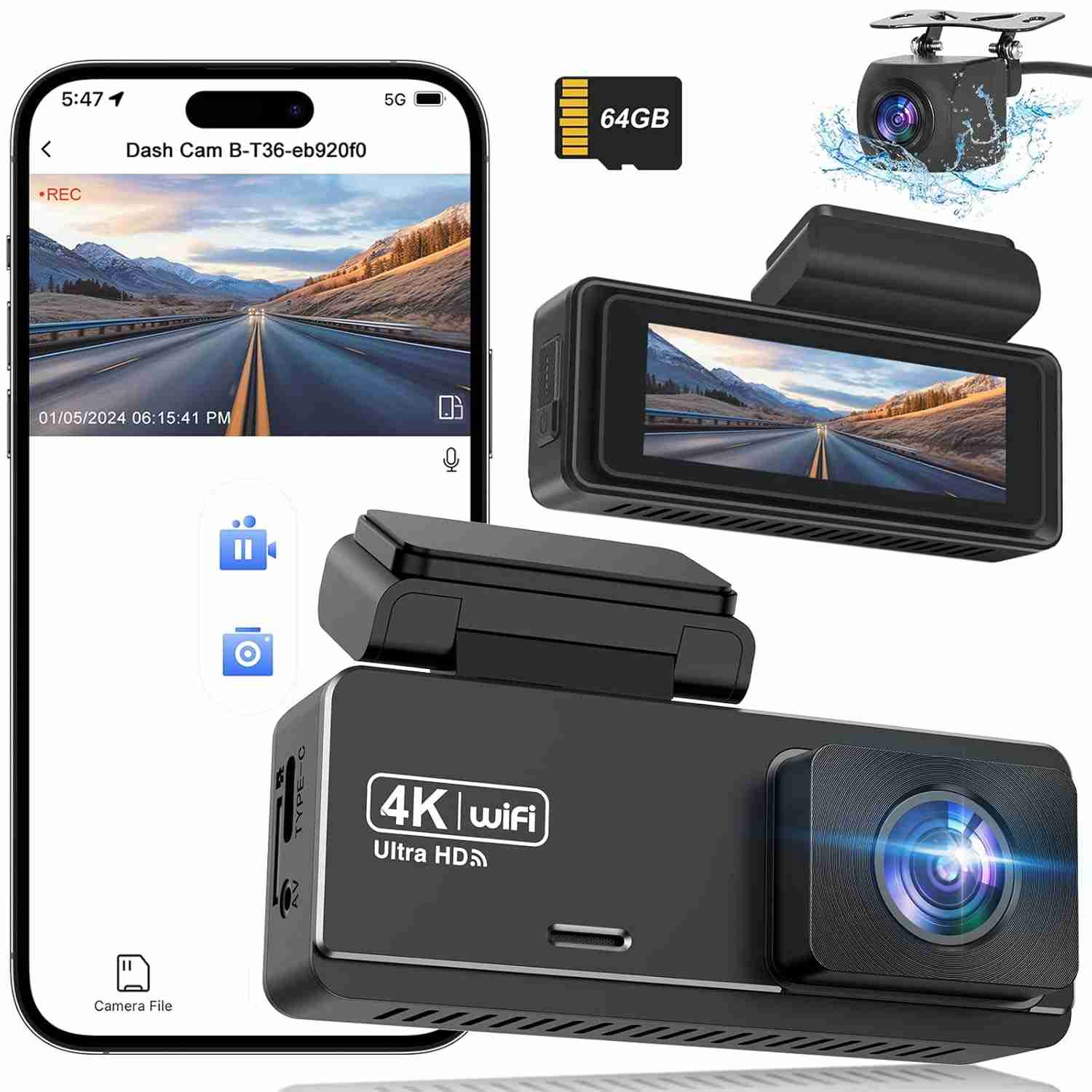 Câmera Veicular 4K Frontal e Traseira com WiFi e App - Segurança e Controle Total