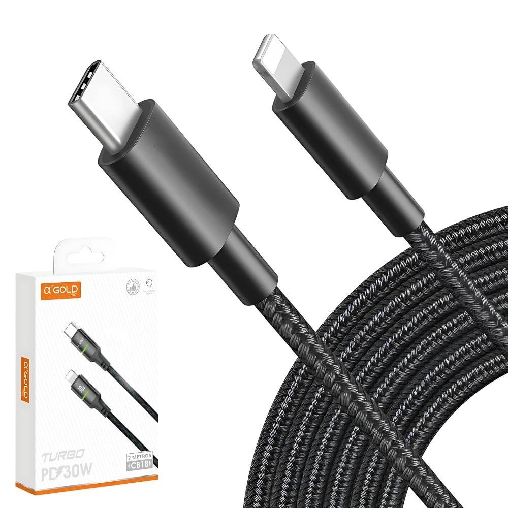 Cabo iPhone Turbo 30W Ultra Rápido 2m Nylon Trançado Tipo C AGold Premium