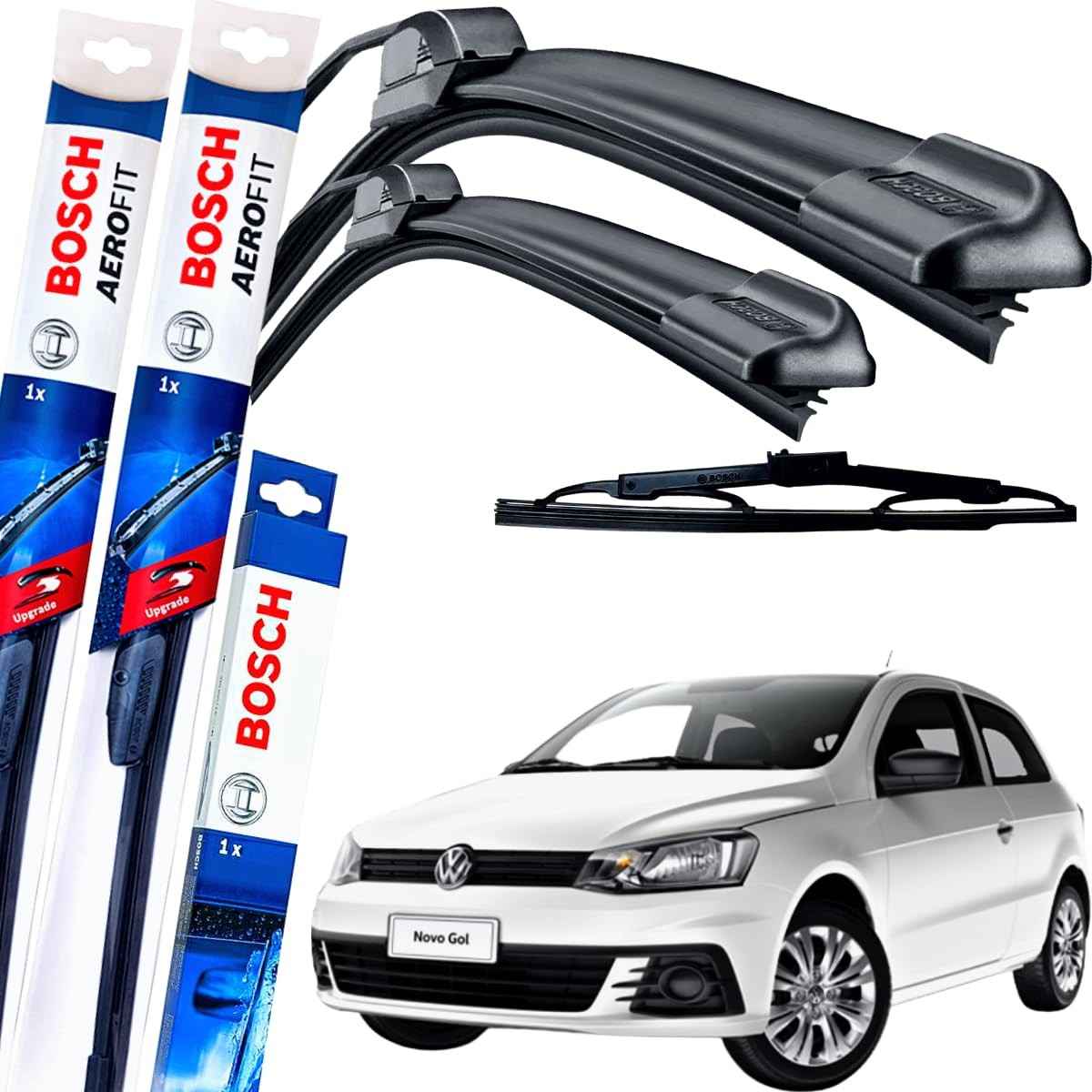 Kit Palhetas Limpador Parabrisa Bosch Aerofit Dianteiro + Traseiro VW Gol Gancho (2017-2023)