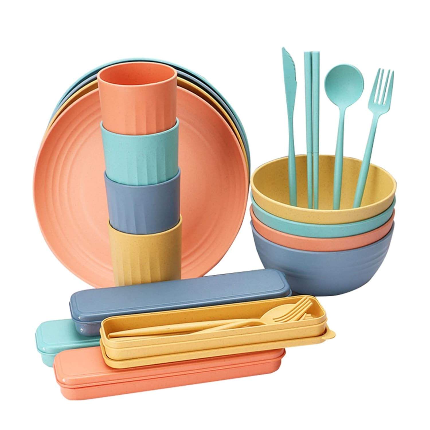 Conjunto de Utensílios de Mesa em Palha de Trigo Grau Alimentar - 32 Peças com Pratos, Tigelas, Copos e Talheres