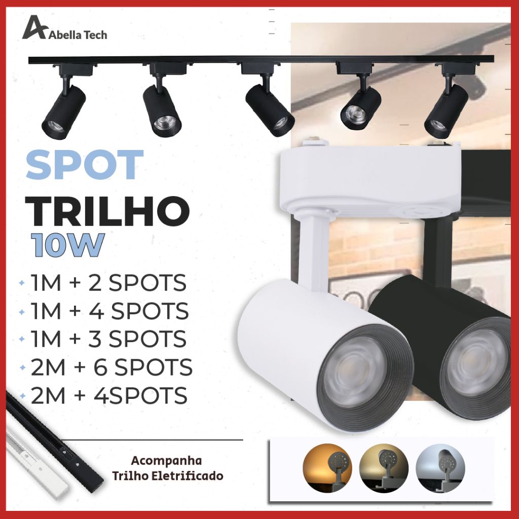 Trilho Spot LED Bivolt 10W 360° com Conector e Trilho Preto/Branco