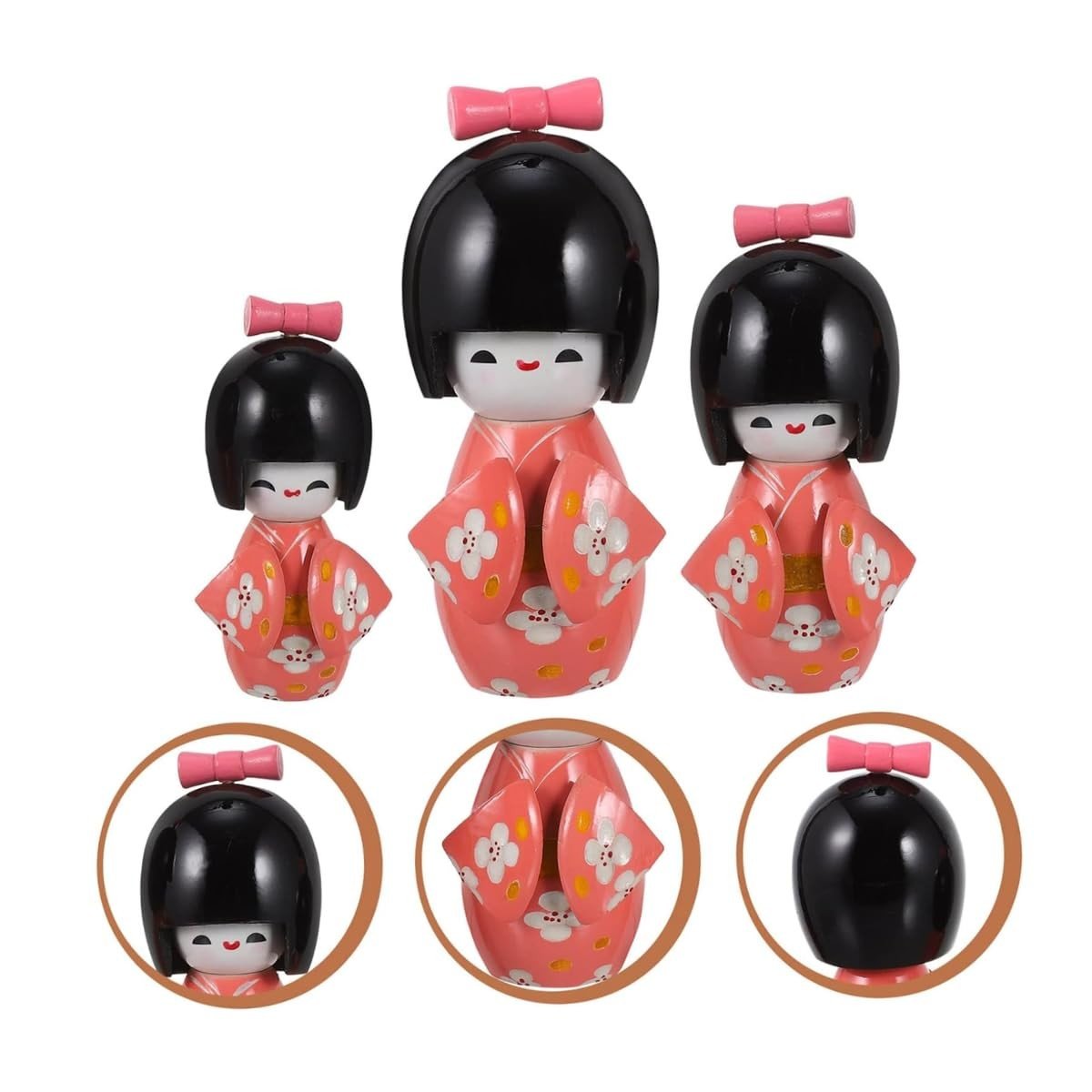 Trio de Bonecas Japonesas Kokeshi em Madeira Rosa com Laços Decorativos - Decoração Oriental Elegante