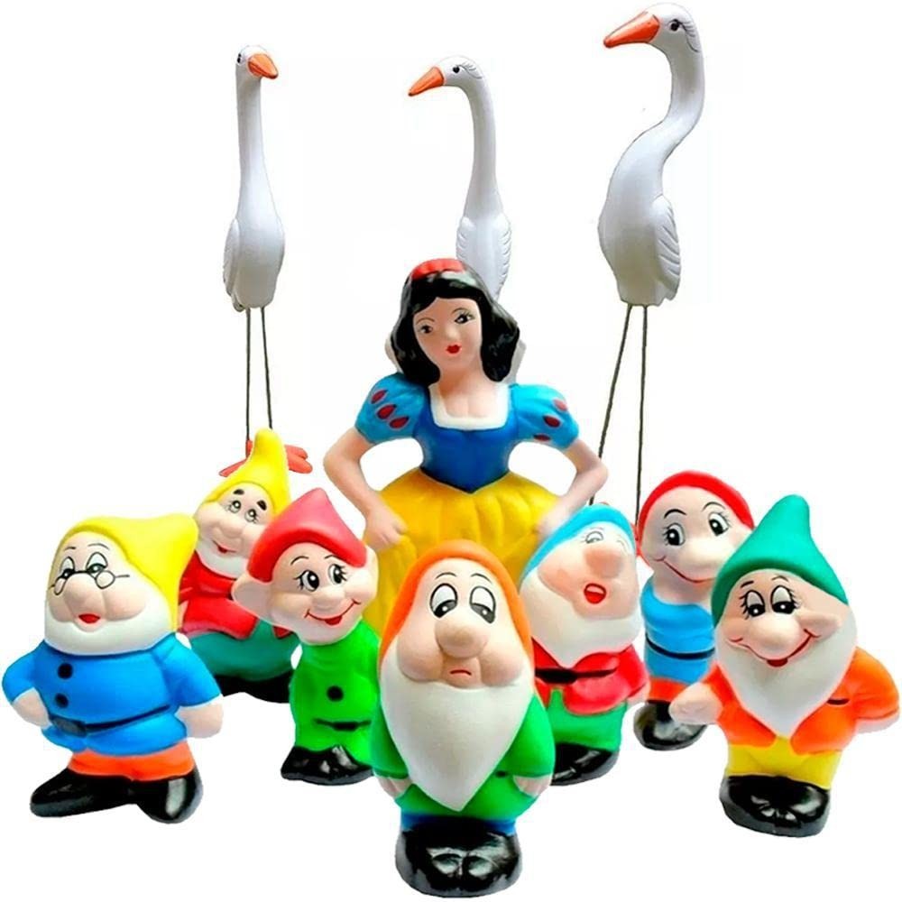 Kit Branca de Neve e os 7 Anões com Trio de Garças em Cerâmica – Decoração Encantadora para Jardim e Ambientes Externos