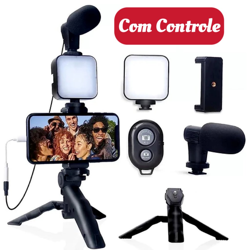 Tripé Estabilizador 5 em 1 com Microfone e Gimbal para Celular
