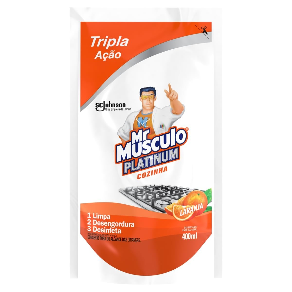 Mr. Músculo Desinfetante Platinum Cozinha Laranja 400ml - Tripla Ação Limpa, Desengordura e Desinfeta