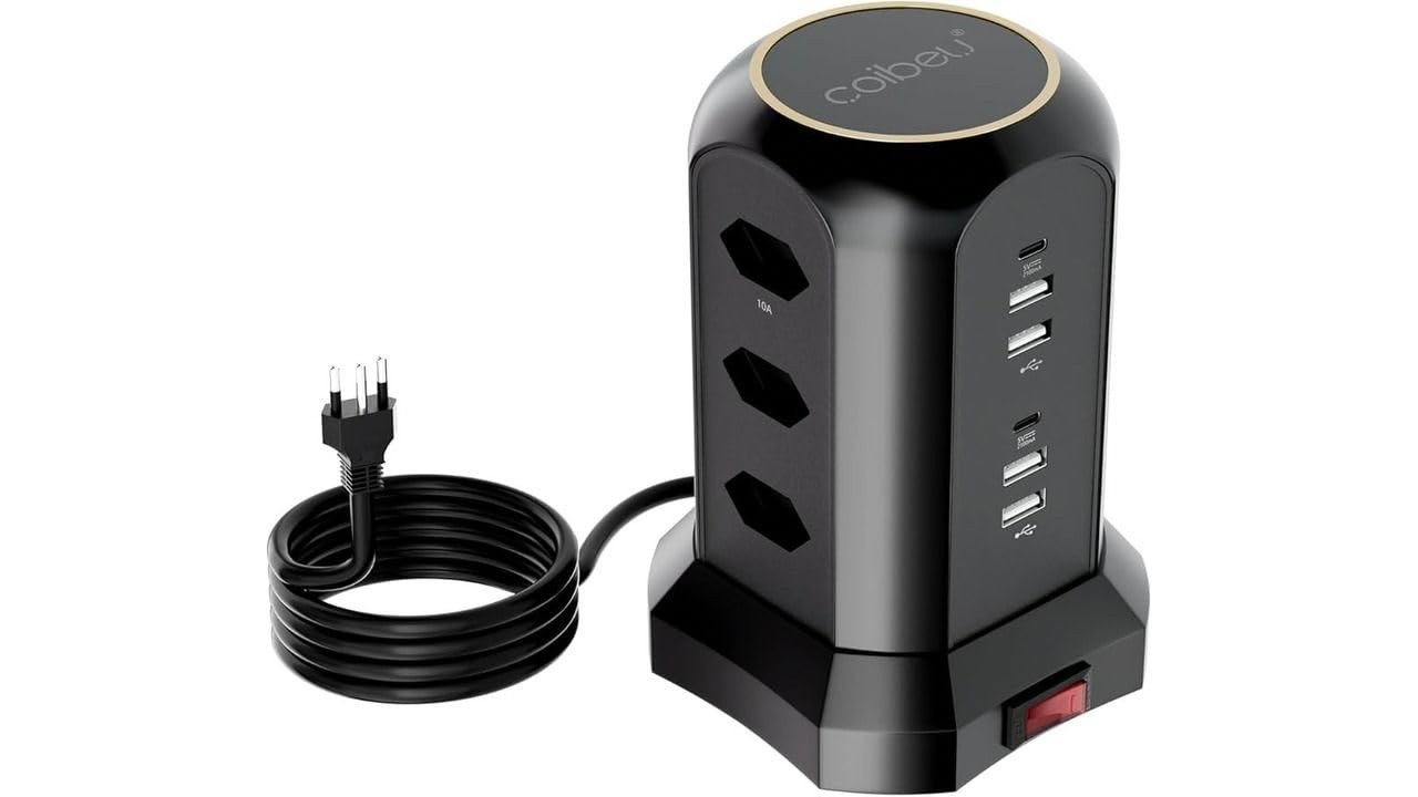 Extensão Torre 9 Tomadas + 4 USB + 2 Type-C - Preto | Organize e Carregue Tudo!