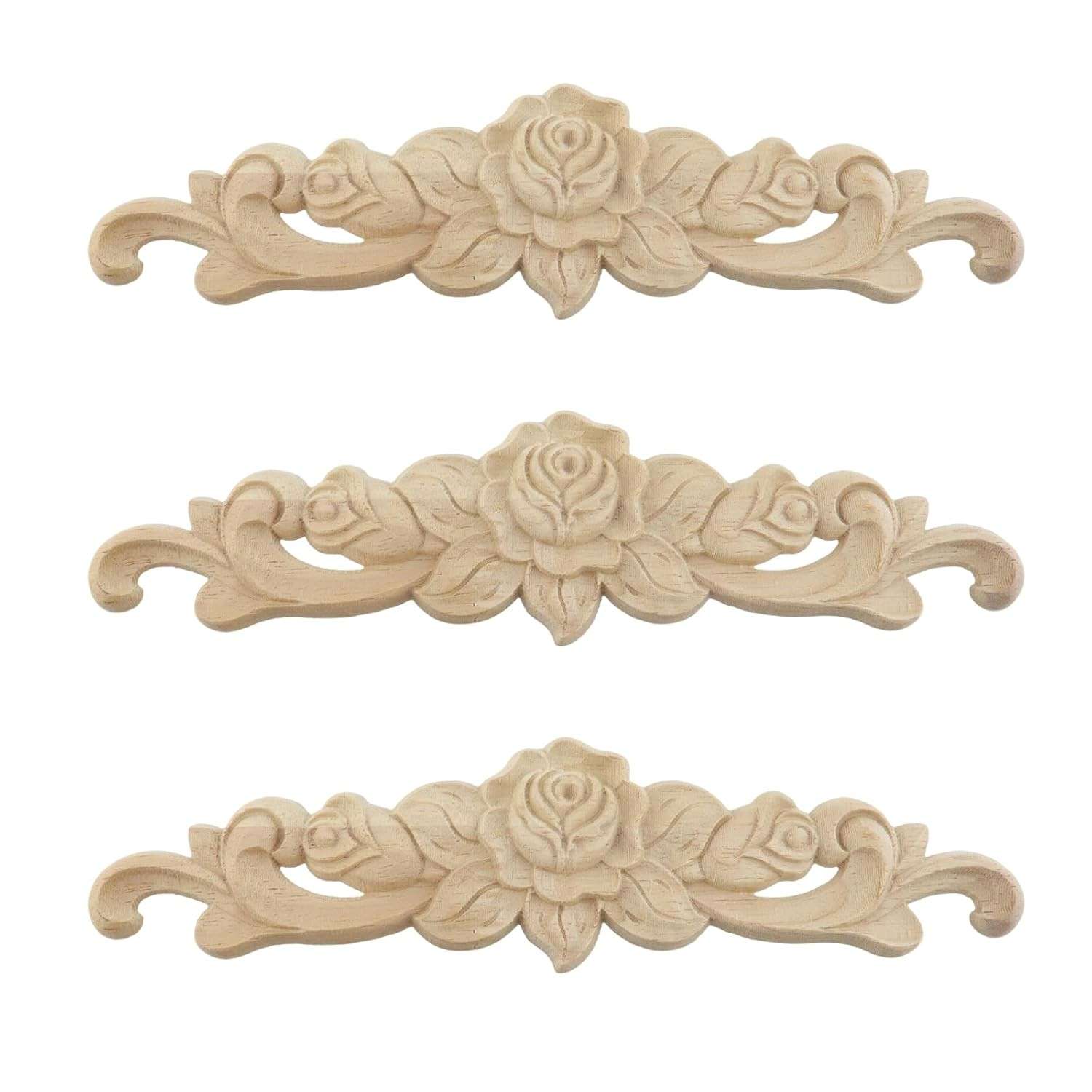 Aplique de Madeira Tulipa Rosa 7,87" x 2" - 3 Peças | Decore Armários e Móveis com Elegância