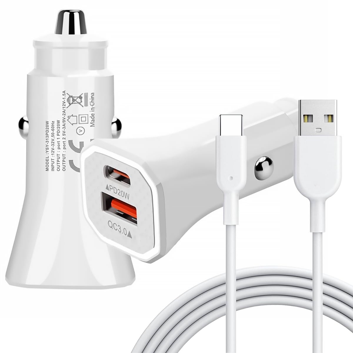 Carregador Veicular Turbo USB-C 25W PD + USB 20W QC 3.0 - Carregamento Rápido Branco