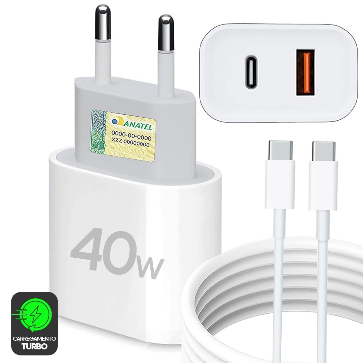 Kit Carregador Turbo 40W Duas Portas (USB-C PD + USB-A QC3) + Cabo Tipo-C: Carregue Tudo Rápido!