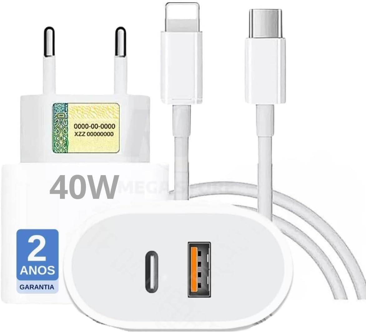Carregador Turbo 40W PowerDuo iPhone/iPad: Carga Rápida USB-C e USB-A + Cabo Reforçado