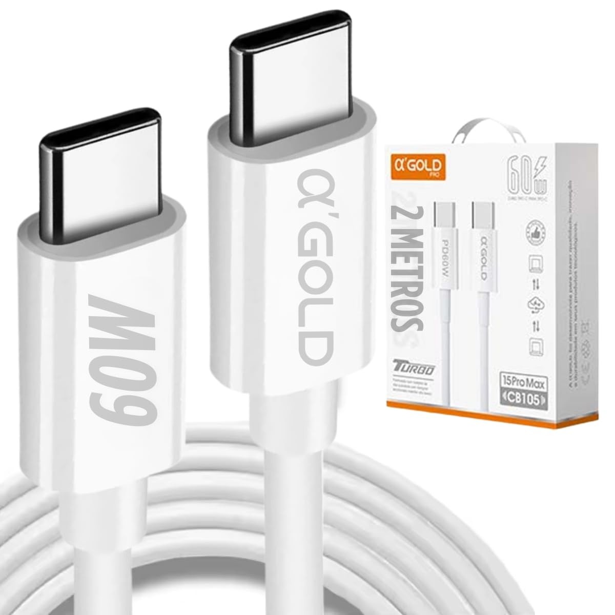 Cabo USB-C 2 Metros 60W Turbo: Carregamento Rápido e Durável para iPhone, Samsung, Xiaomi e Mais!