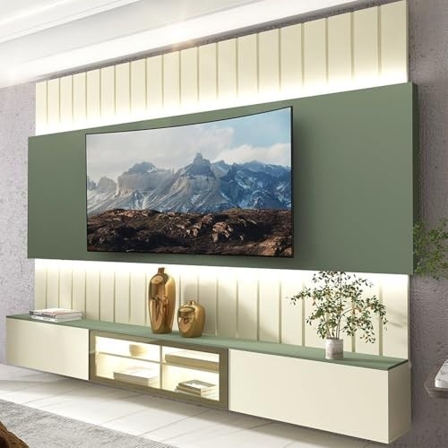 Estante Home para TV até 85" com LED 230cm Soberano Reflecta Off White/Verde - Design Moderno com Iluminação e Abertura Suave