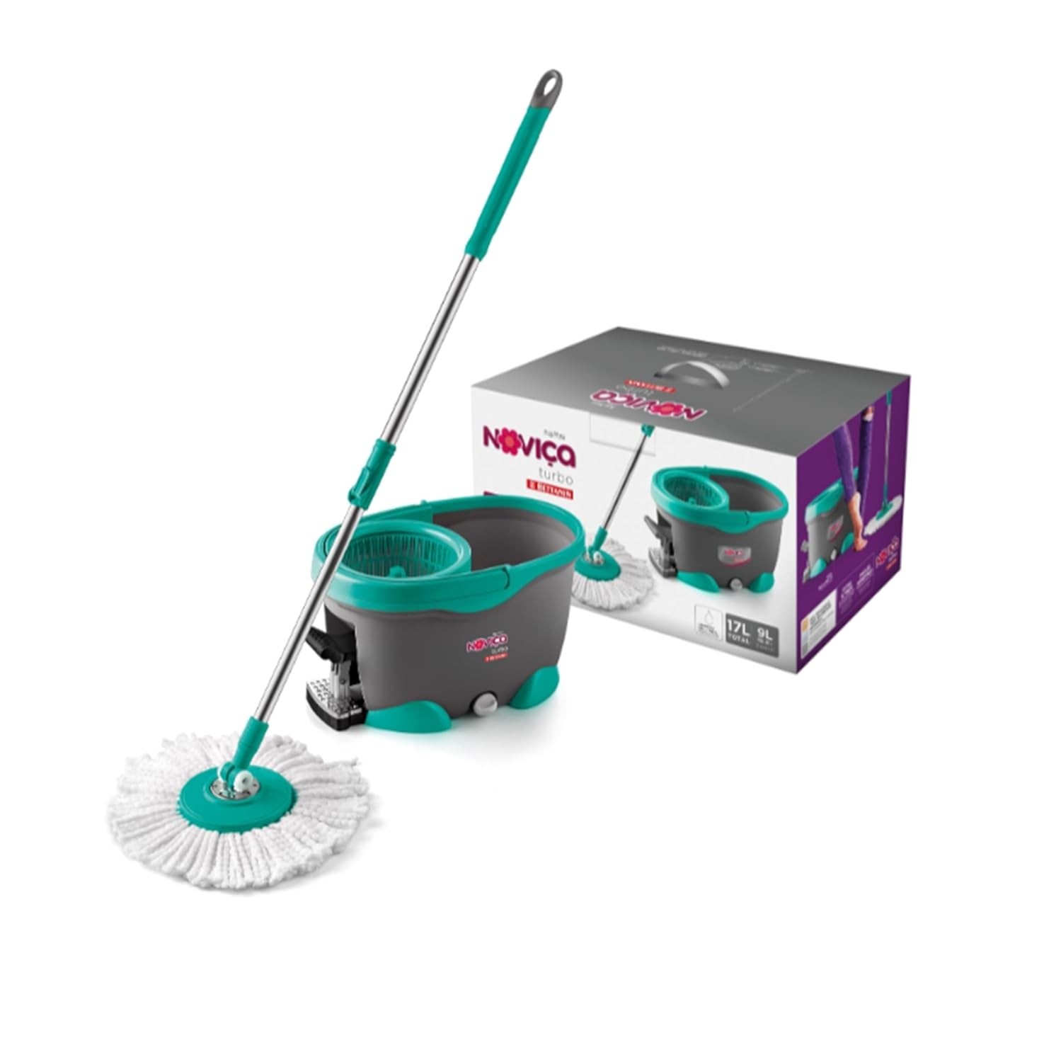 Noviça Mop Balde Twister Turbo 17L com Centrífuga e Microfibra - Limpeza Profunda sem Esforço