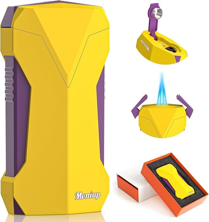 Moniup Isqueiro de Tocha Tudo-Em-Um com Chamas Duplas, Furador Integrado, Orifícios de Resfriamento, Janela de Combustível, Lindo Presente para Festival, Isqueiros de Butano Recarregáveis À Prova de V
