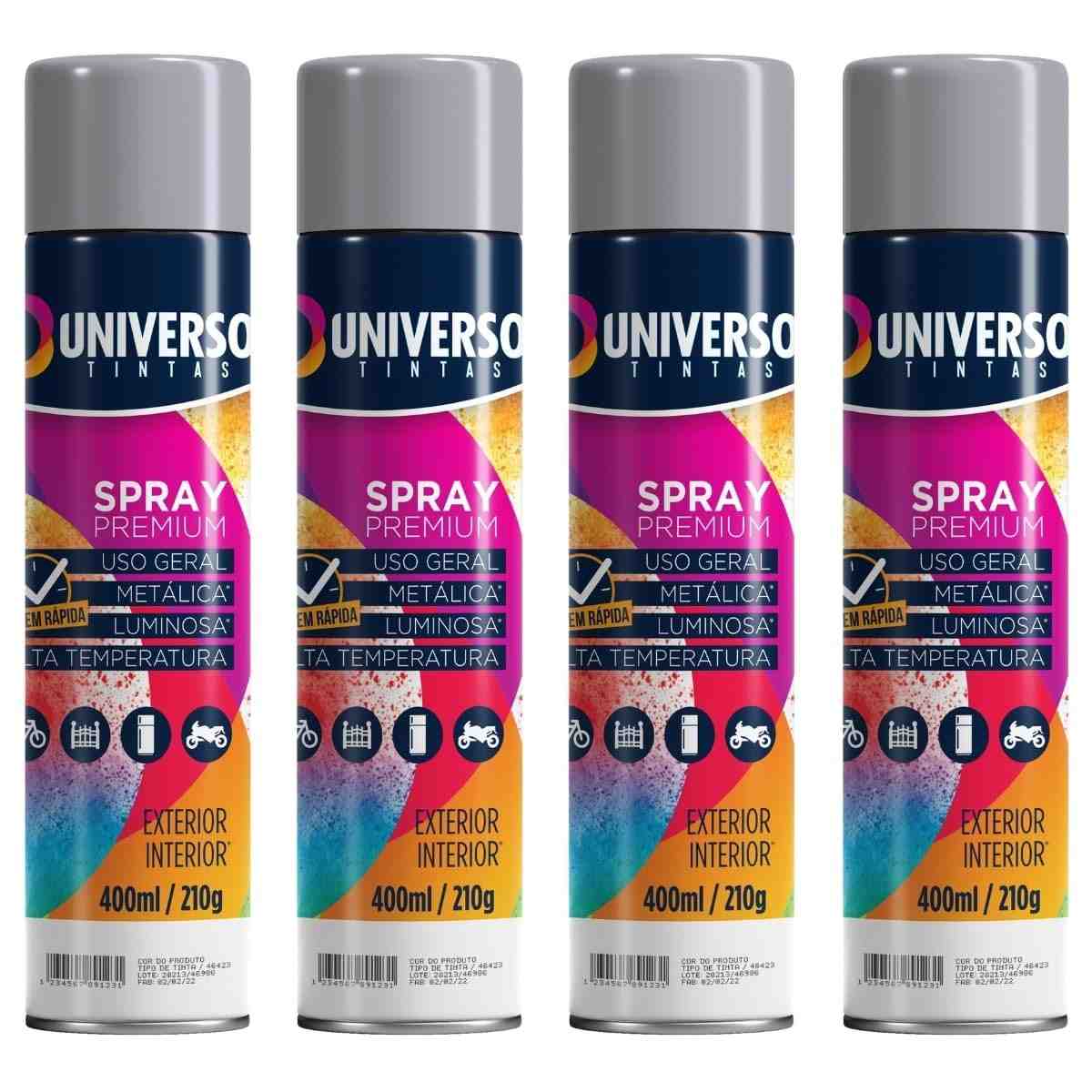 Tinta Spray 400ml Cinza Uso Geral em Aço Ferro Couro Gesso Cerâmica | Universo | Kit 04 un