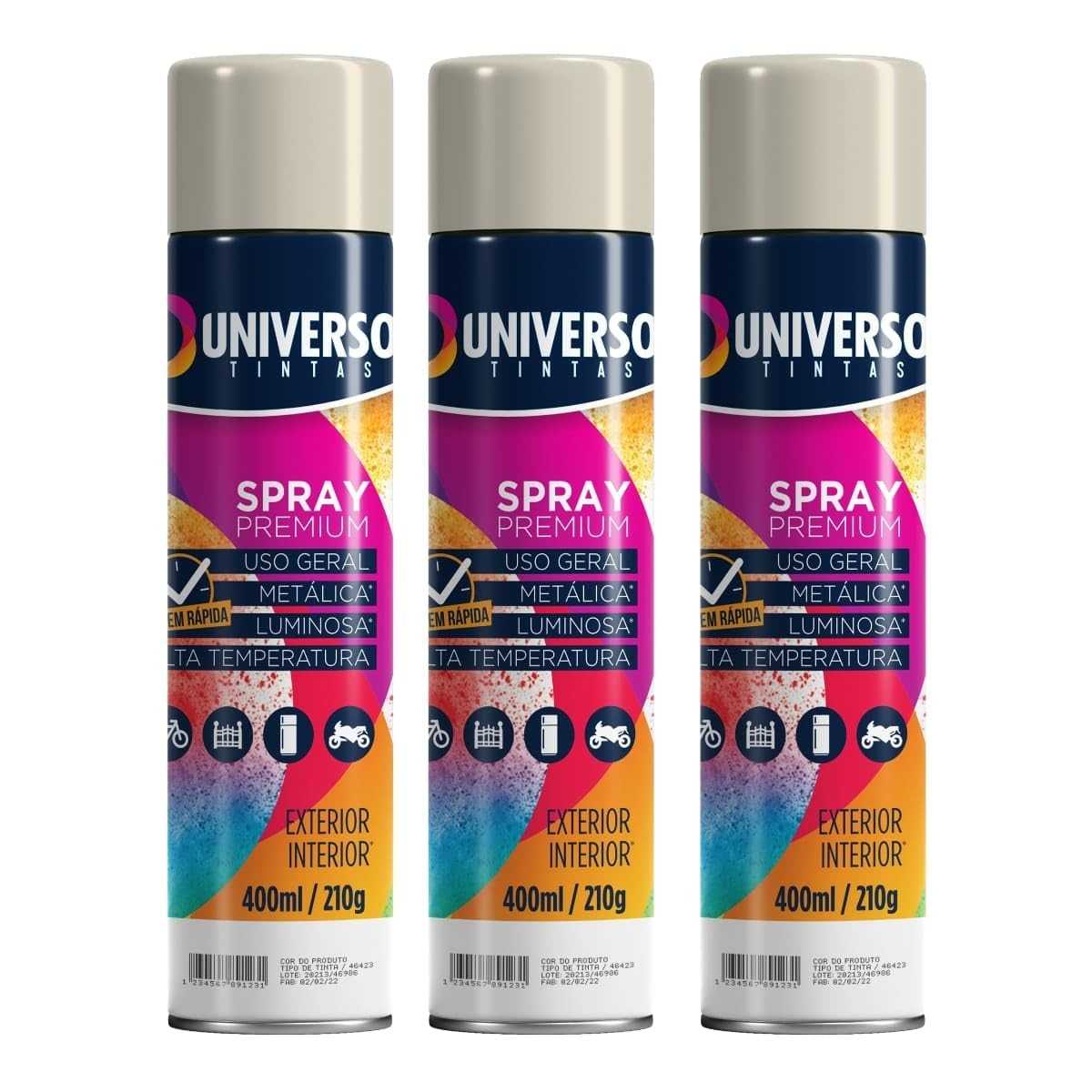 Tinta Spray 400ml Branco Brilhante Uso Geral em Aço Ferro Couro Gesso Cerâmica | Universo | Kit 03 un
