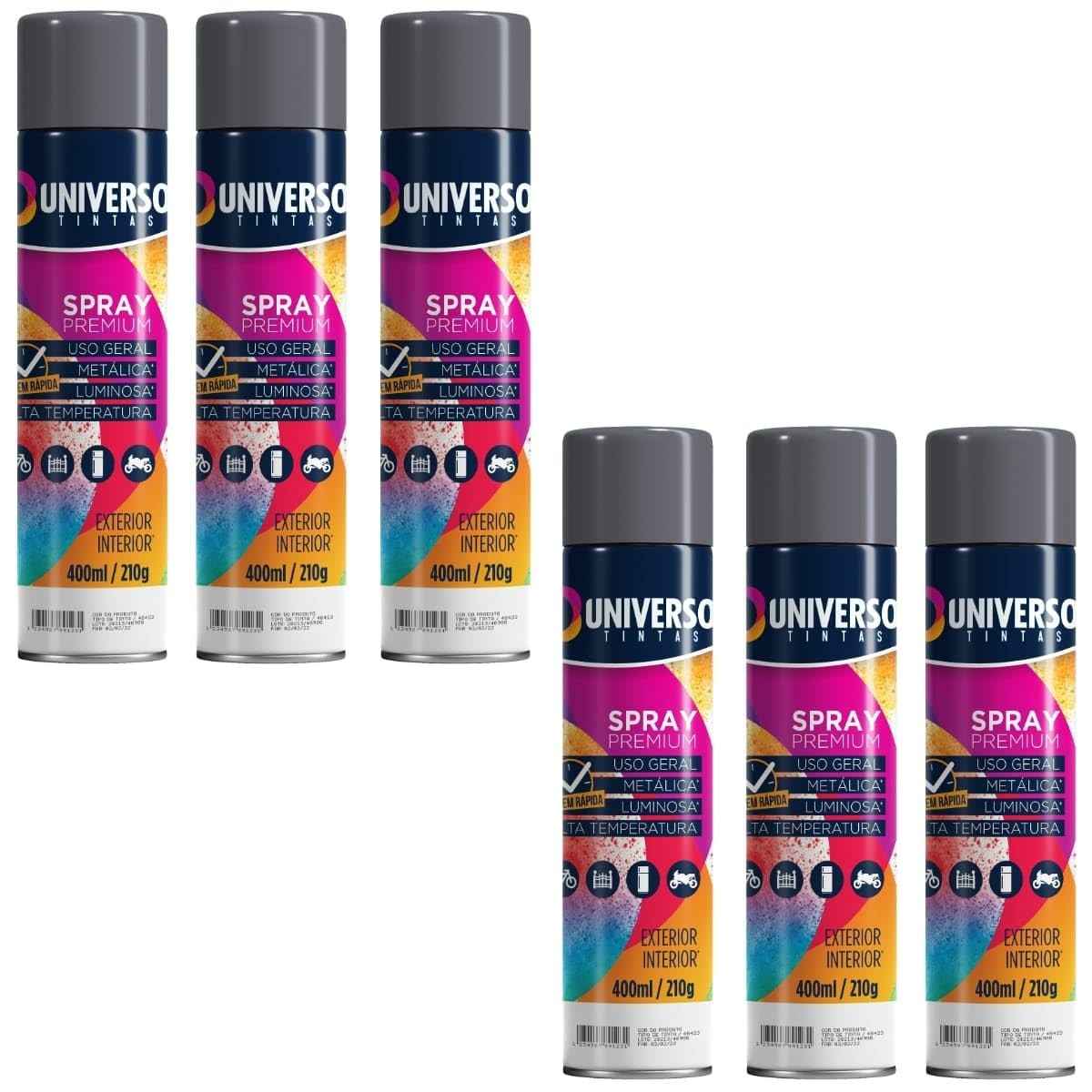 Tinta Spray 400ml Cinza Grafite Uso Geral em Aço Ferro Couro Gesso Cerâmica | Universo | Kit 06 un