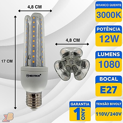Lâmpada LED 12W Branca Quente 3U – Kit com 3 Unidades