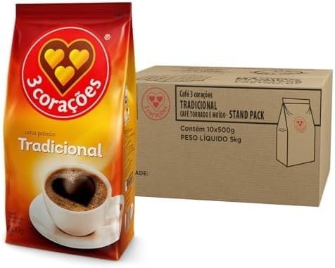 3 Corações Café Torrado e Moído Tradicional, Pacote 500g - 10 unidades