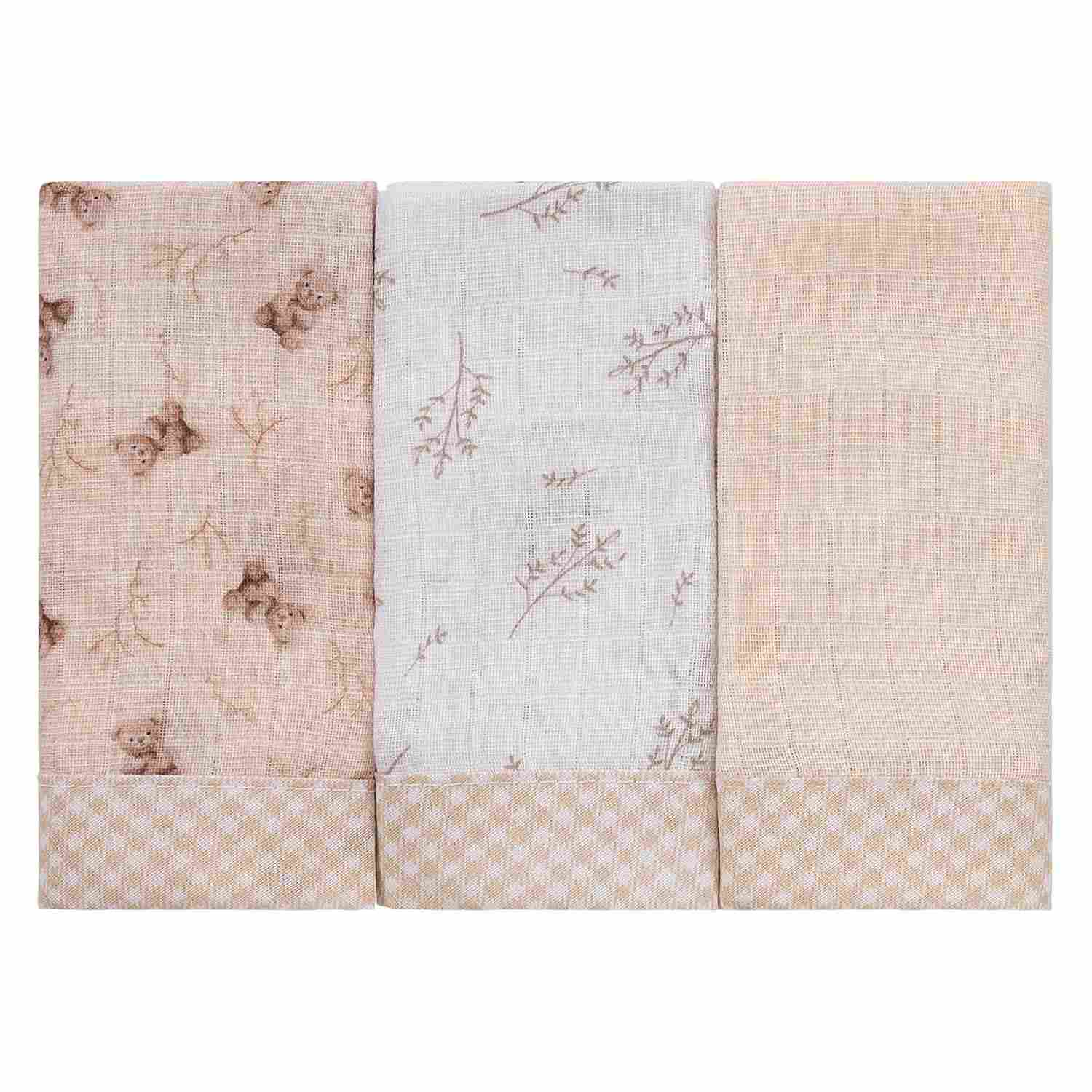 Pano de Boca Bebê 34cmx40cm 100% Algodão Baby Joy - 3 Unidades com Estampa Urso Bege