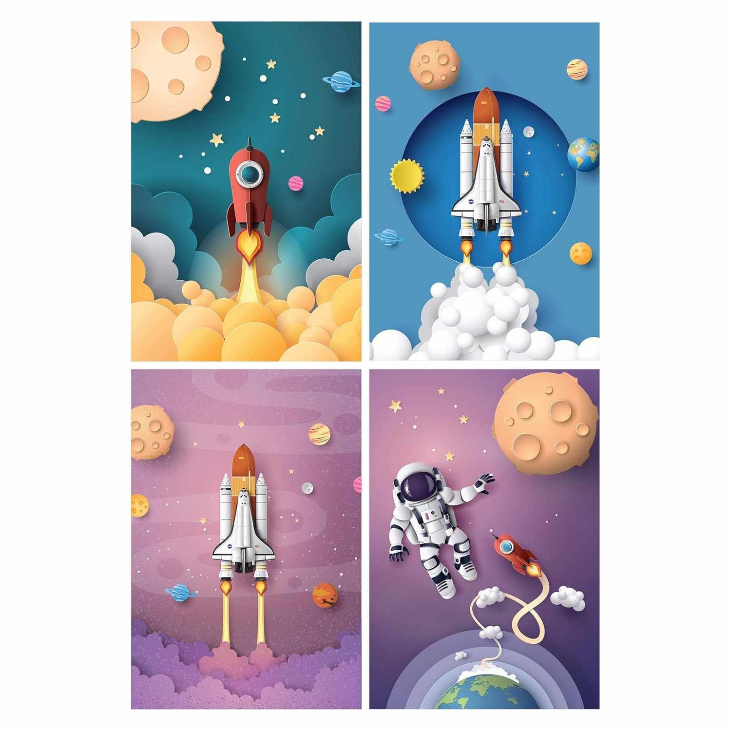 Placas Decorativas Astronauta no Espaço 20x30cm - Kit com 4 Unidades para Decoração Infantil Moderna