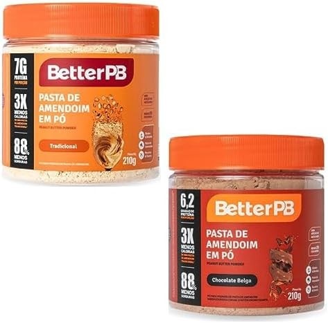 Pasta de amendoim em pó tradicional, chocolate belga - BetterPB - kit 2 unidades 210g