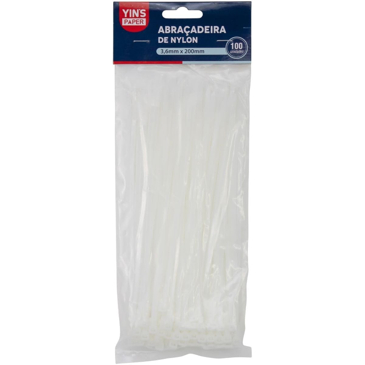 Abraçadeira de Nylon Yins 3,6x200mm Branca - Pacote com 100 Unidades | Organização e Segurança