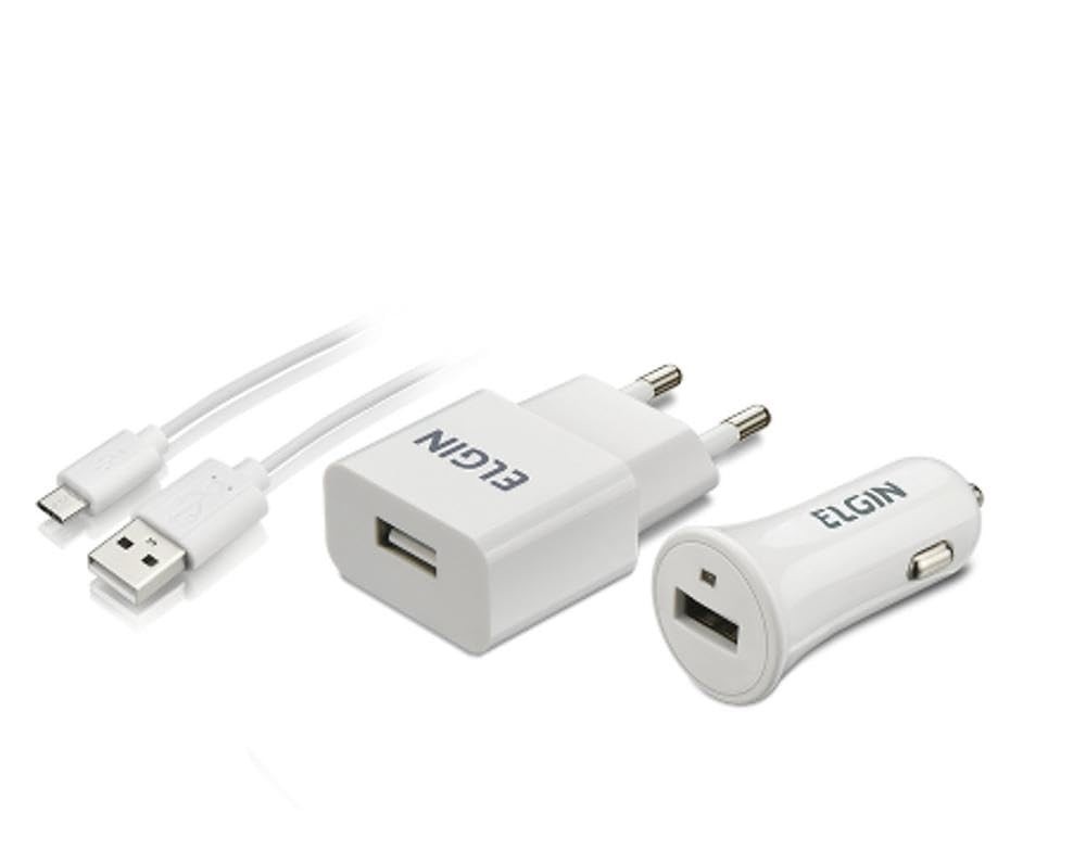 Kit Carregador Universal Elgin: Tomada + Veicular 5W c/ Cabo MicroUSB 1m Branco Bivolt