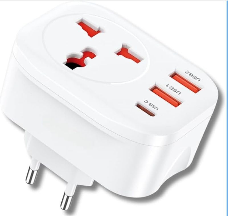Adaptador Universal Tomada Viagem 3 USB + 1 Tipo-C | Carregamento Rápido 3.4A | 150 Países | Compacto Essencial