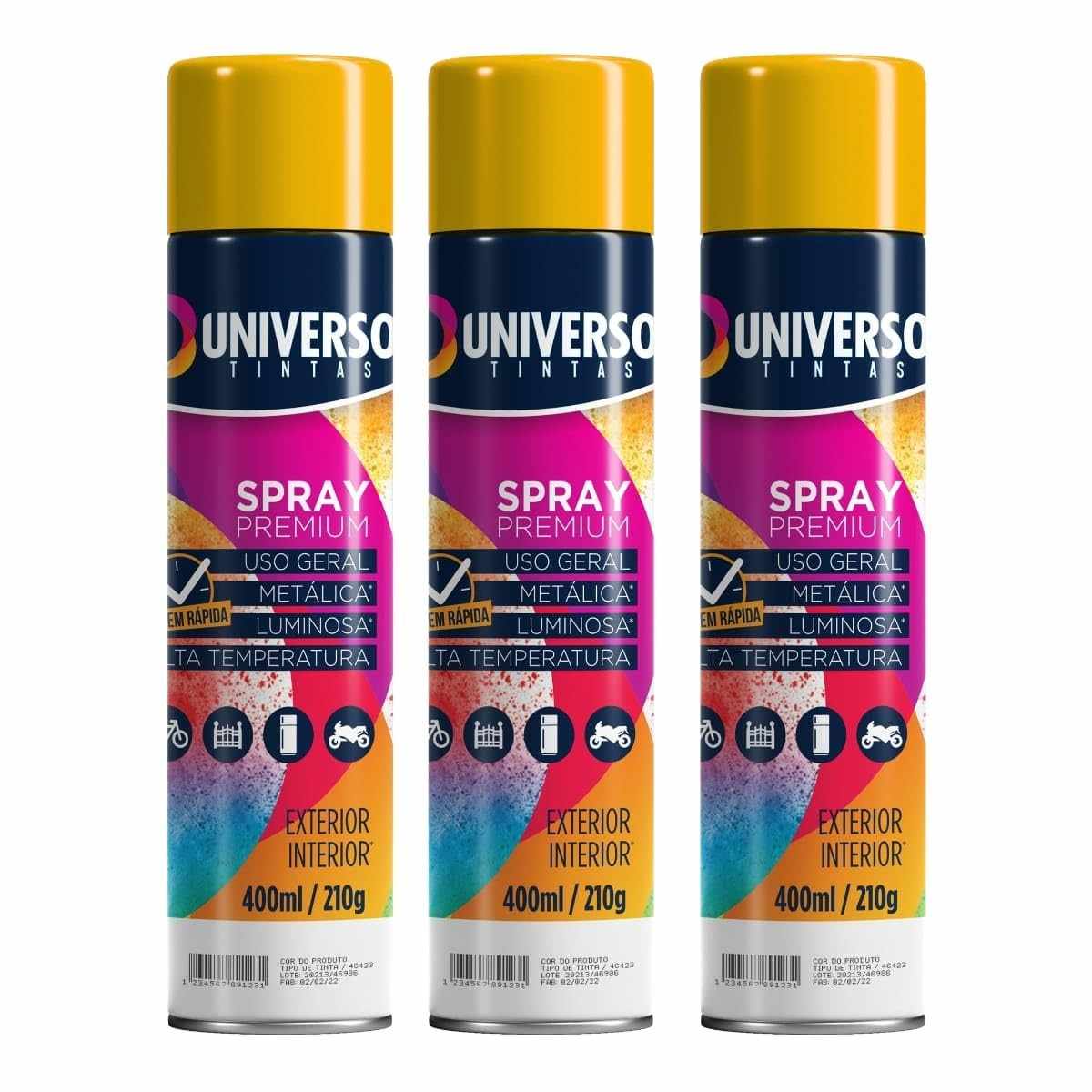 Tinta Spray 400ml Amarelo Uso Geral em Aço Ferro Couro Gesso Cerâmica | Universo | Kit 03 un