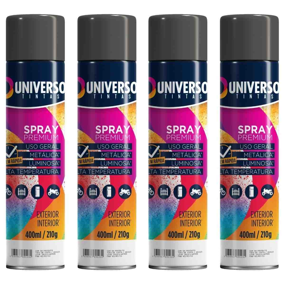 Tinta Spray 400ml Preto Brilhante Uso Geral em Aço Ferro Couro Gesso Cerâmica | Universo | Kit 04 un
